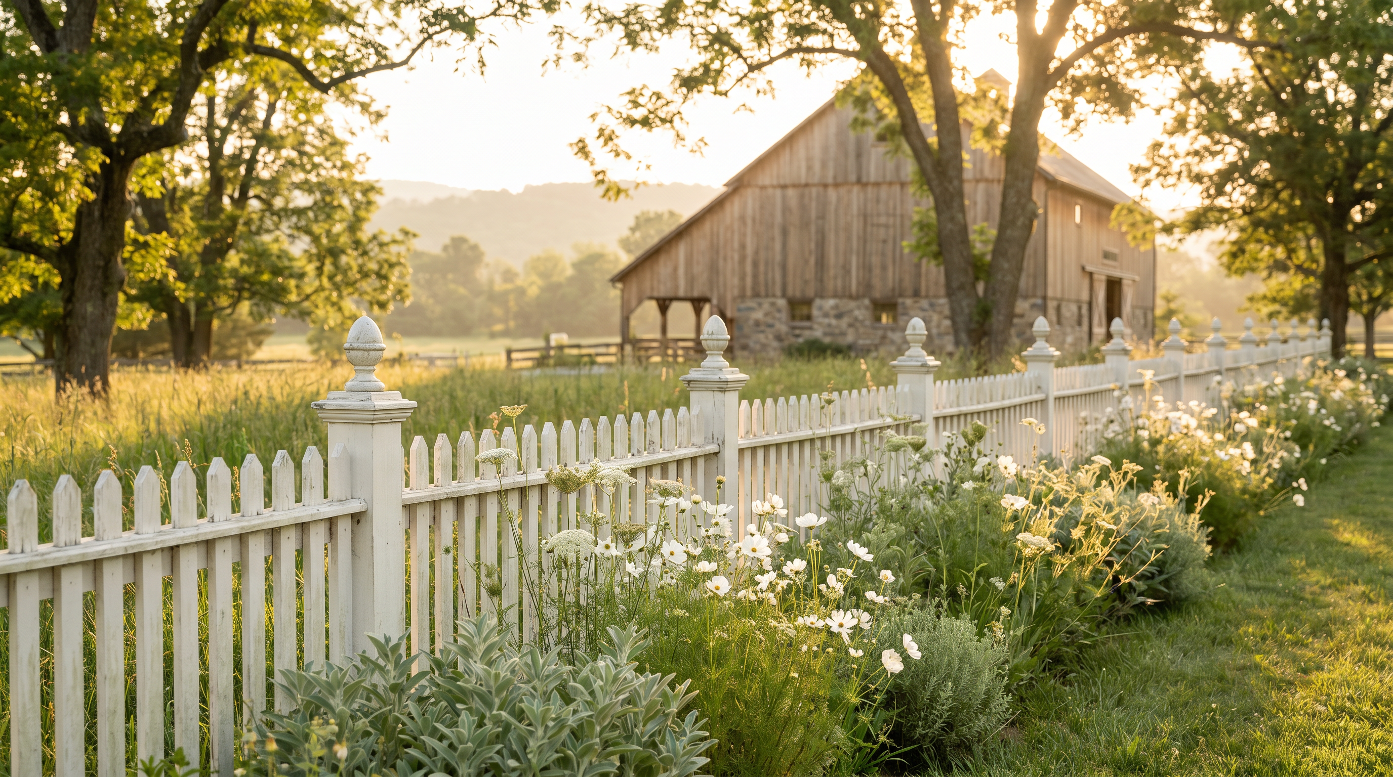 A white picket fence in a wildflower meadow