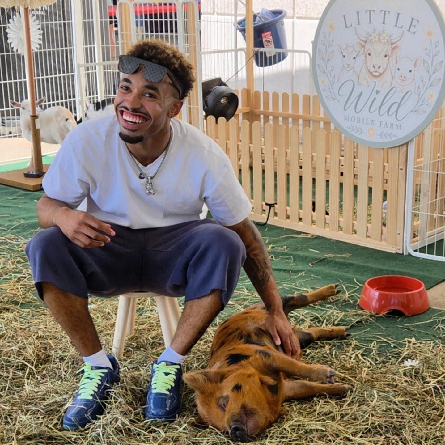 A guest petting one of our animals inside the branded Little Wild Mobile Farm setup at Nationals Park